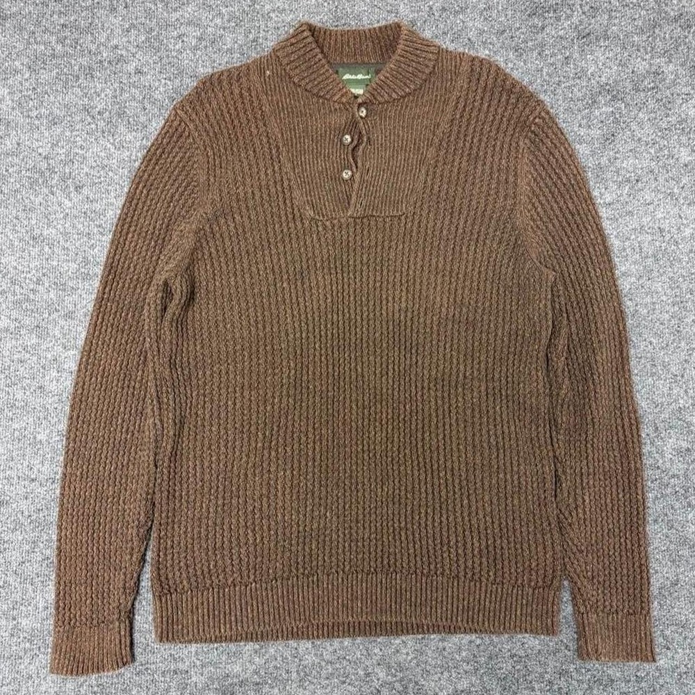Eddie Bauer Mens Brown Cotton Ribbed Knit Henley Pullover Sweater Large